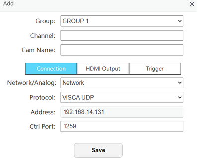 Add camera dialog in the SuperJoy web interface