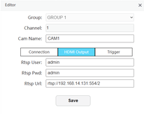 SuperJoy camera editor showing the HDMI Output tab and RTSP URL