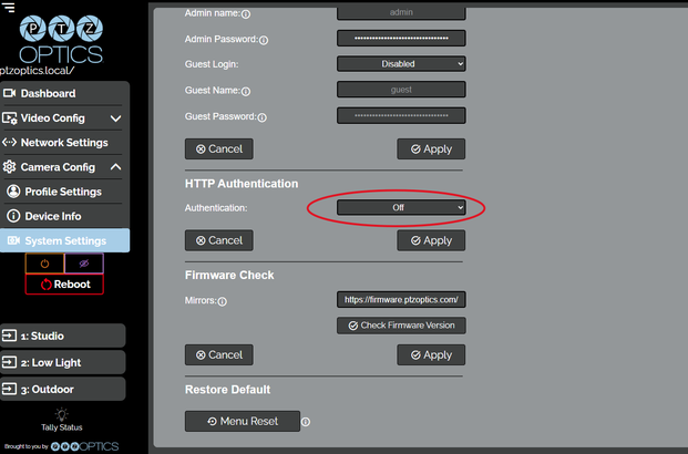 Camera System Settings with HTTP Authentication set to Off