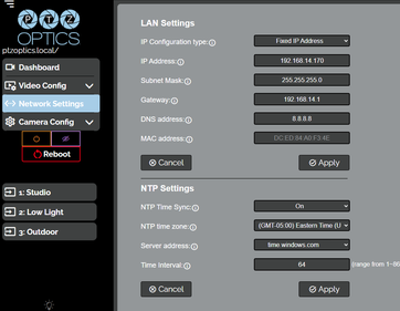 Camera Network Settings with IP Configuration type set to Fixed IP Address